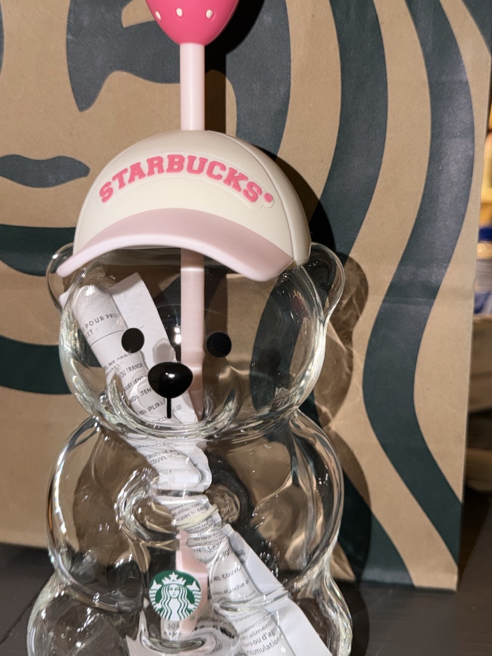 Starbucks Clear Bear Straw Bottle with Pink Hat and Straw